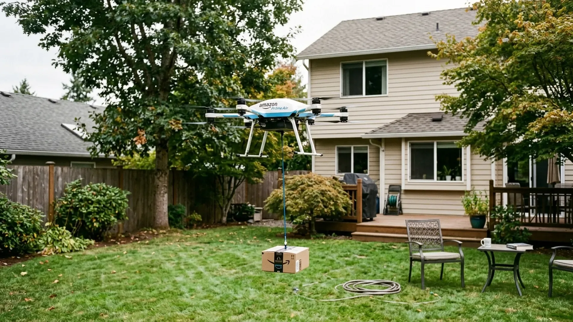 Amazon Prime Air bezorgdrone levert een pakket af in een woonwijk