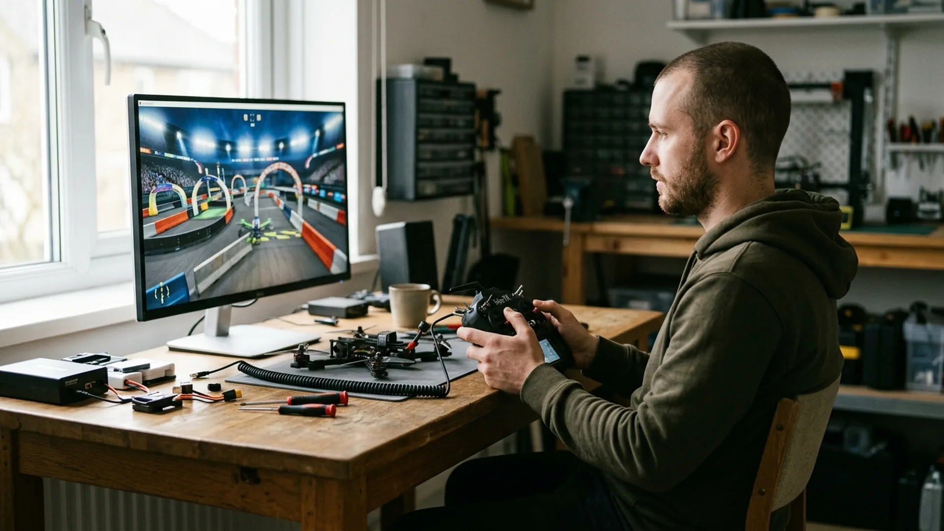 FPV drone simulator training op computer met radiocontroller