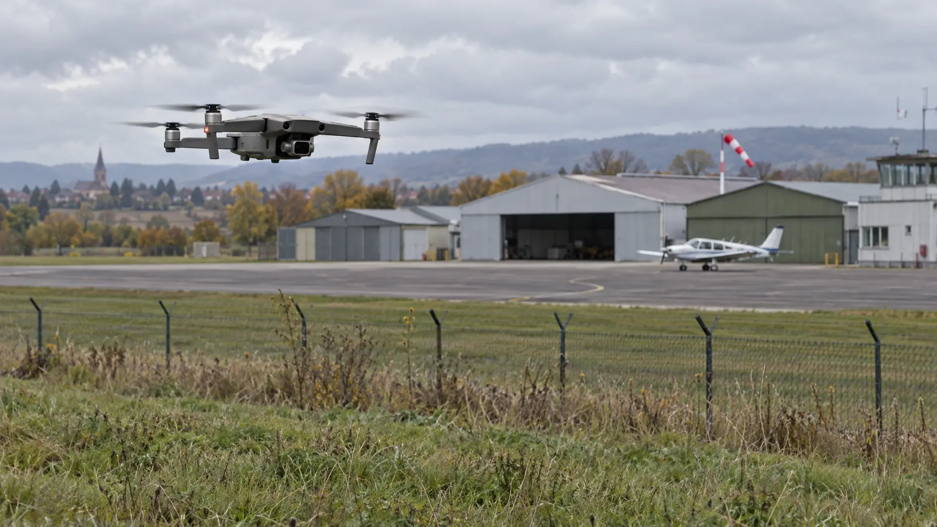 Licht vliegtuig en lage hangar op een regionaal vliegveld in de Elzas, met een drone die laag boven een grasveld buiten het hek zweeft