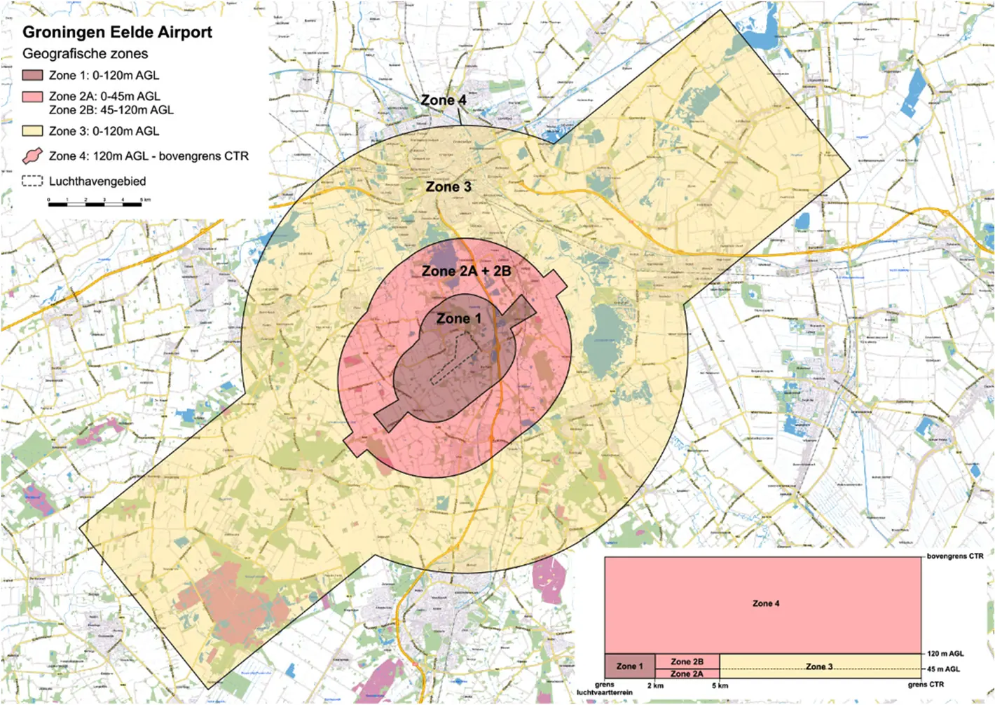 Kaart van de nieuwe zonering rond Groningen Eelde Airport