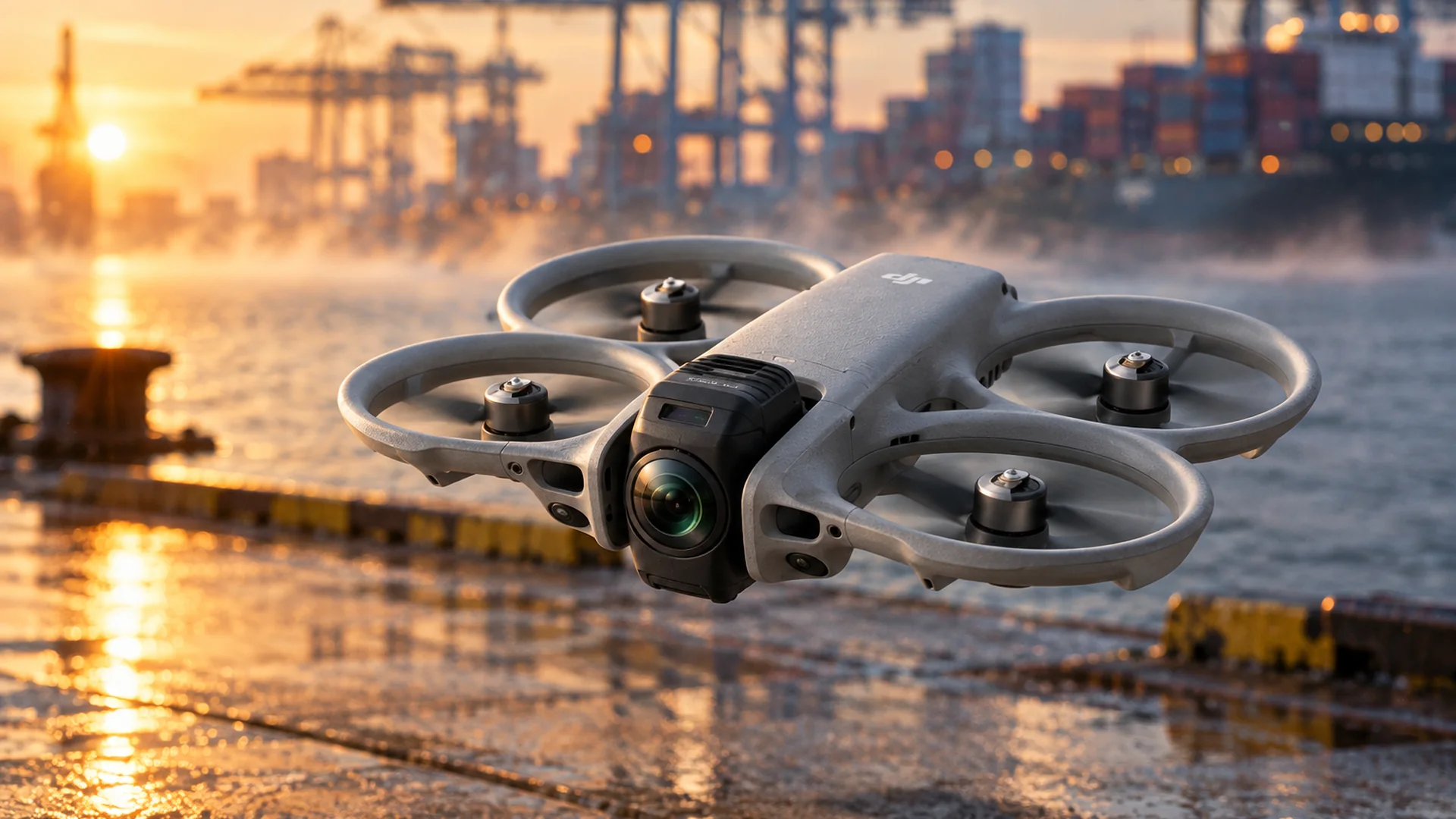 DJI Avata 360 FPV-drone boven een industriele haven in laag avondlicht