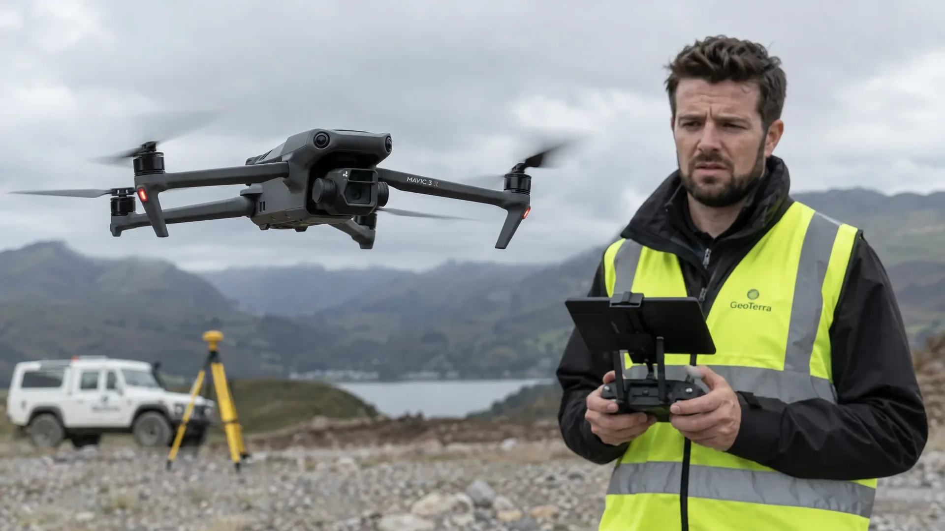 Drone-operator bedient een afstandsbediening terwijl een professionele drone laag boven een testlocatie hangt