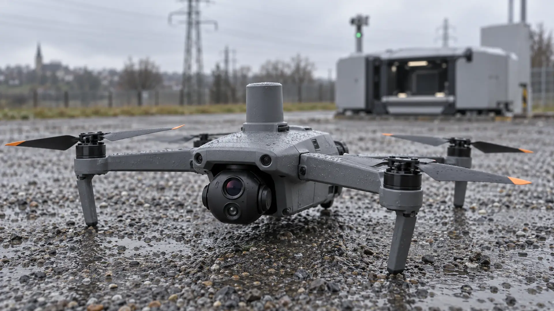 Enterprise drone met multisensor-gimbal naast een gesloten dockingstation onder hoogspanningslijnen op nat asfalt