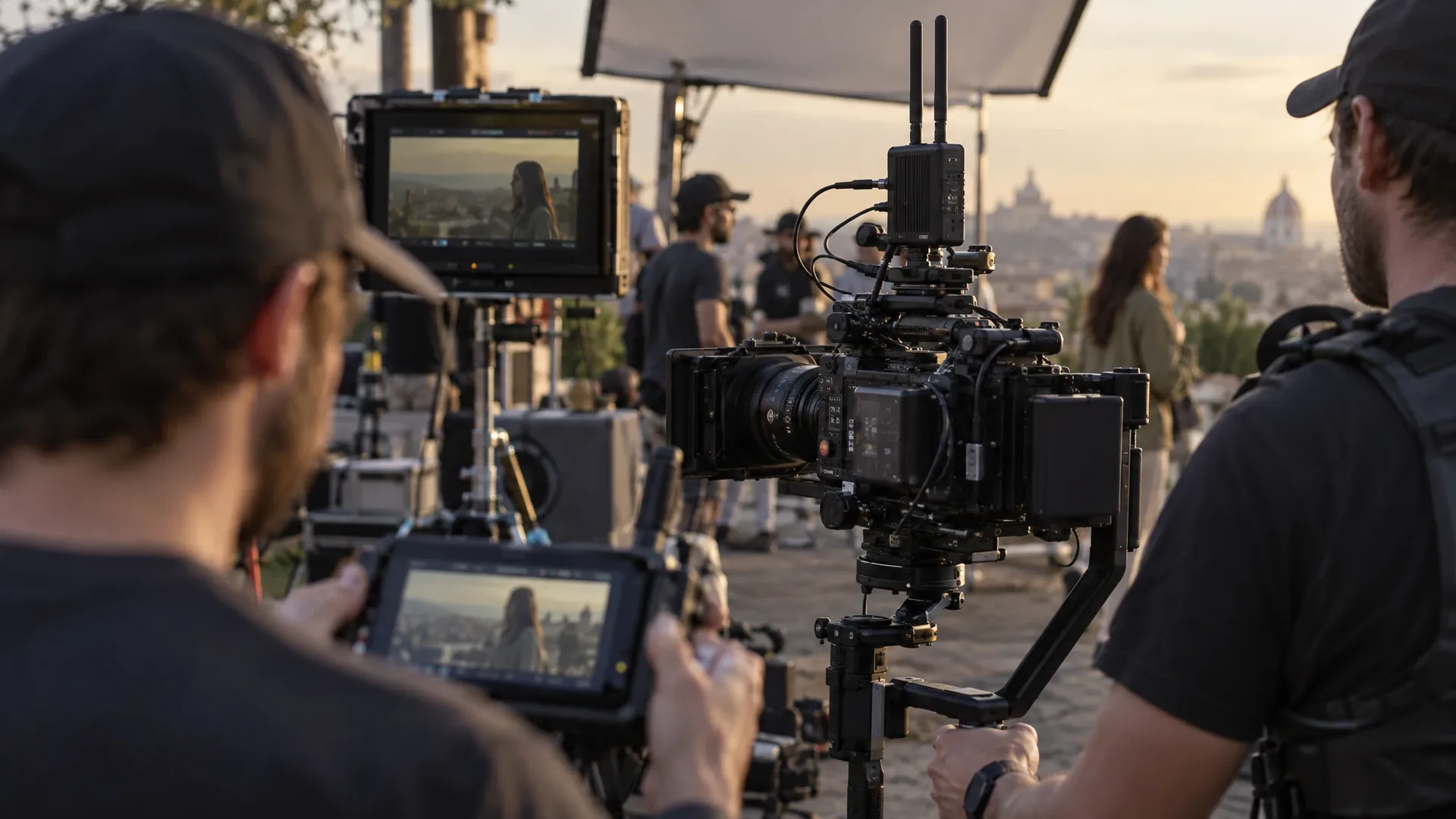 Cinema-camera op een gimbal met een compacte zwarte draadloze videozender, terwijl een focus puller op de achtergrond een live beeld op een kleine monitor bekijkt op een drukke filmset