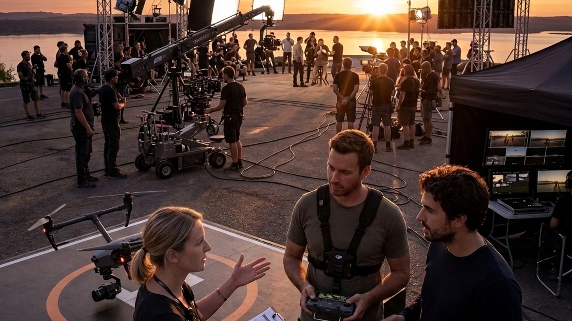 1st AD in overleg met drone crew op een professionele filmset met DJI Inspire 3