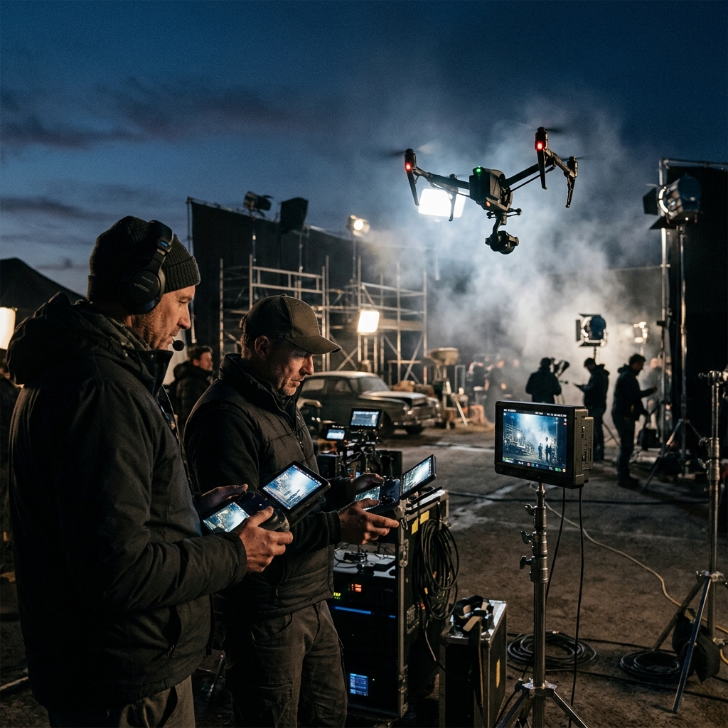 Twee drone operators op een filmset met DJI RC Plus controllers en Inspire 3 drone