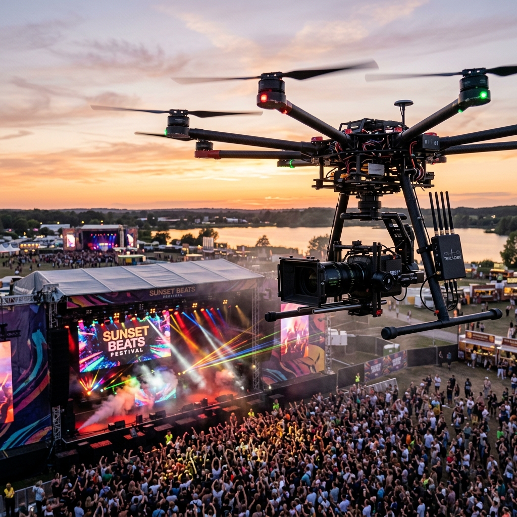 Live broadcast drone boven een festivalpodium bij avondlicht