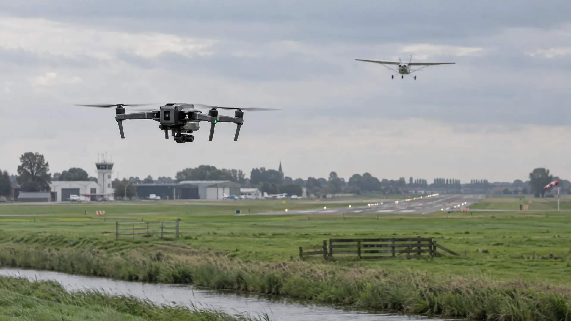 Inspectiedrone vliegt laag boven Nederlands polderlandschap bij een regionale luchthaven