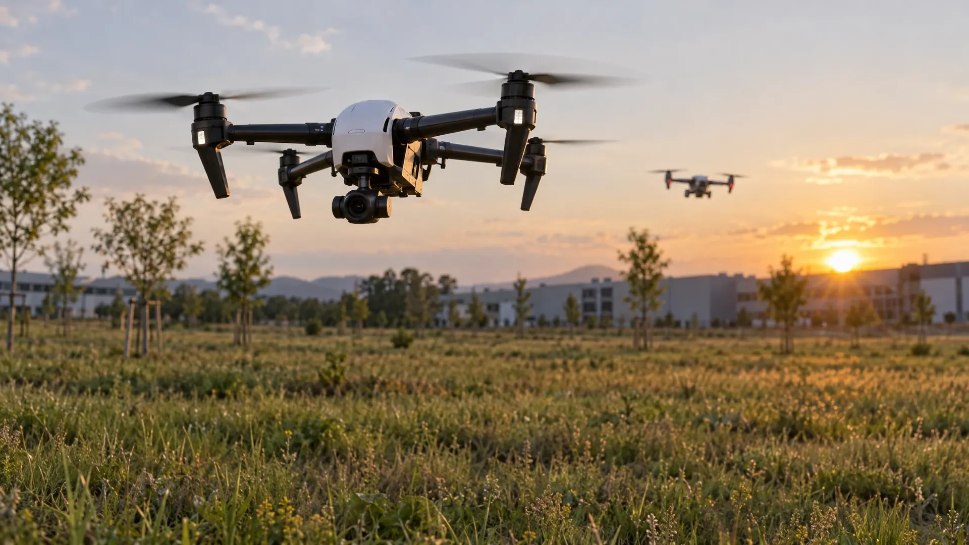 Quadcopter die tussen bomen door vliegt terwijl een zachte groene lijn zijn geplande route markeert en een tweede drone van links nadert