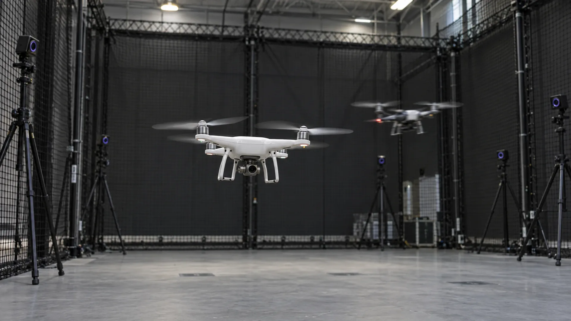 Twee quadcopters in een testhal met veiligheidsnetten, waarbij een dunne lichtbundel de veiligheidscontrole langs de vloer volgt