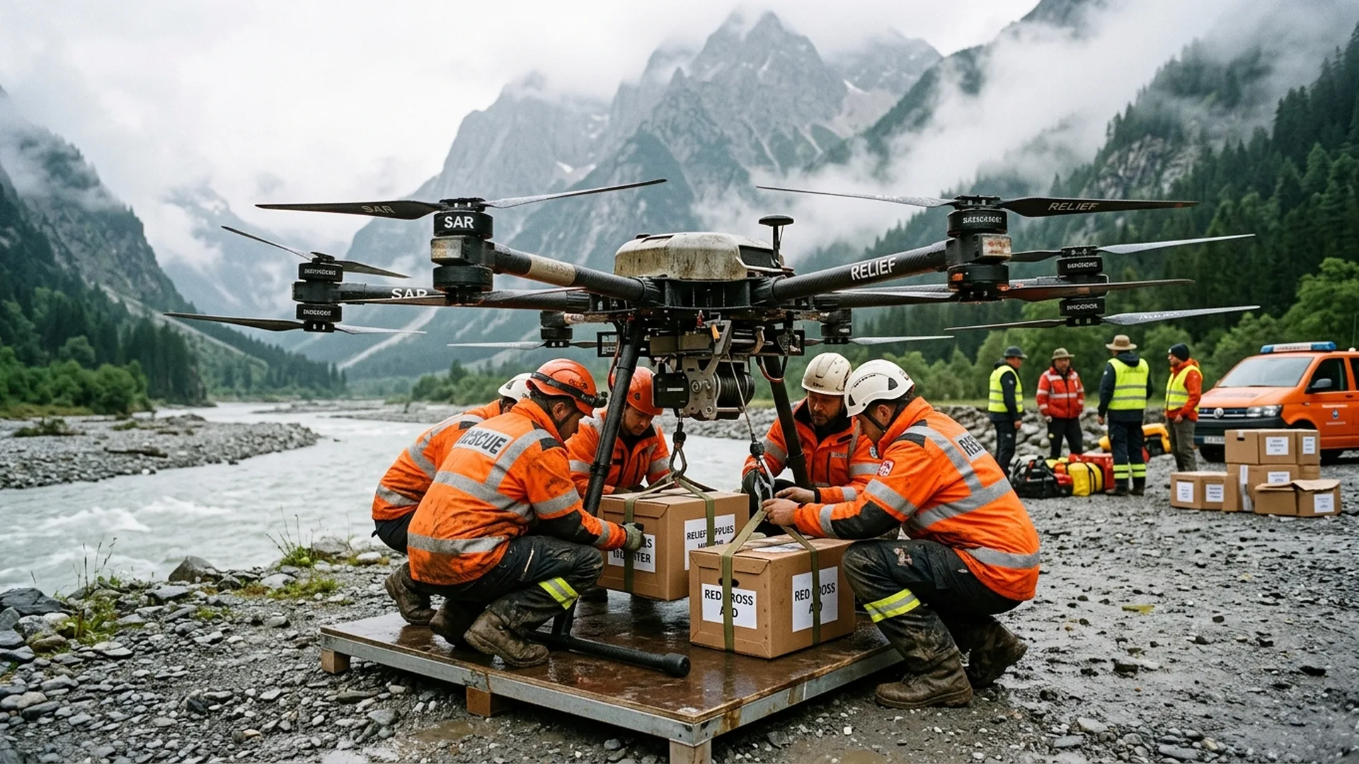 Zware industriële vrachtdrone voor noodhulp in bergachtig rampgebied