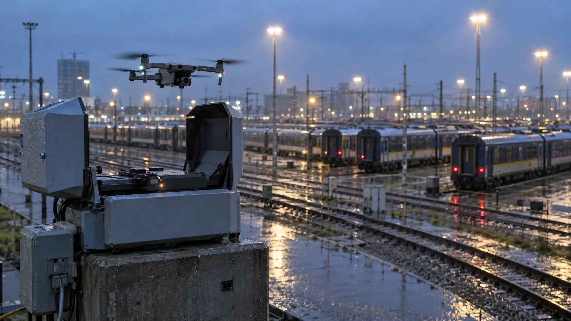 Drone stijgt op uit een dronebox op een opstelterrein met geparkeerde treinstellen bij schemer en regen