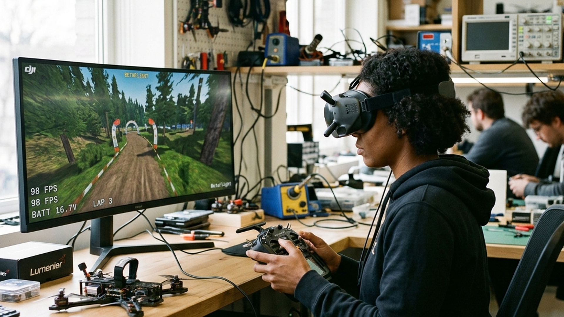 FPV drone piloot traint in een digitale simulator voor spiergeheugen