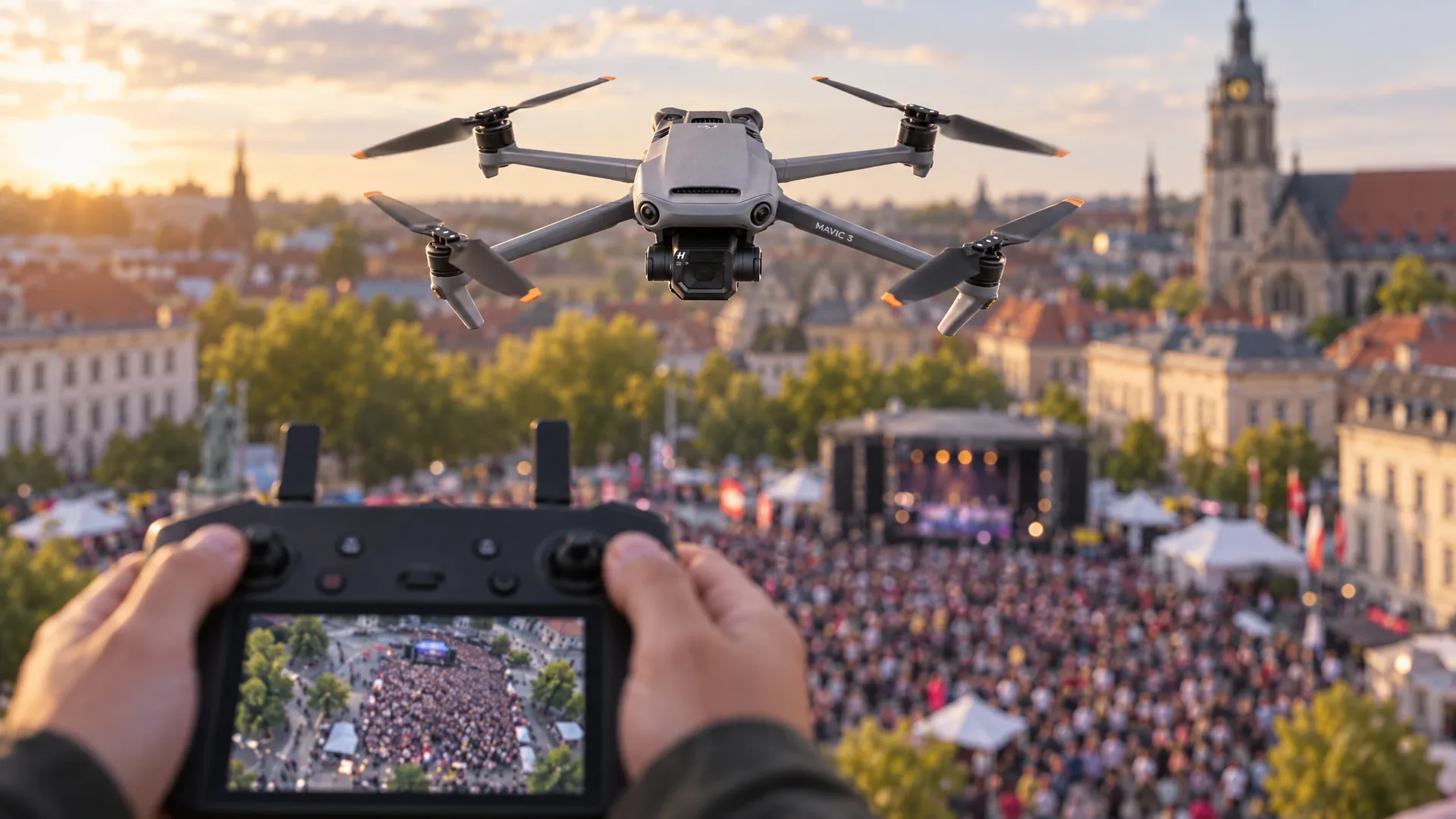 Drone-operator bekijkt op het controllerscherm een luchtfoto van een menigte op een stadsplein