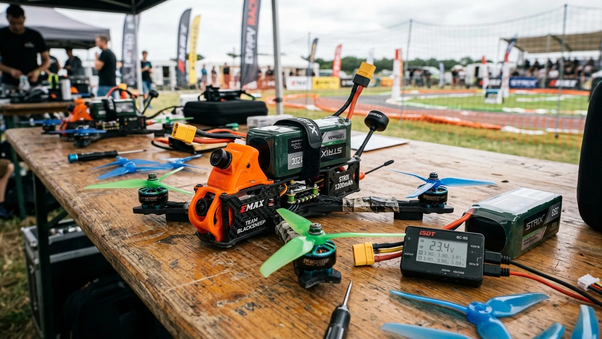 FPV race drone met LiPo batterijen en telemetrie op de werkbank bij een race-evenement