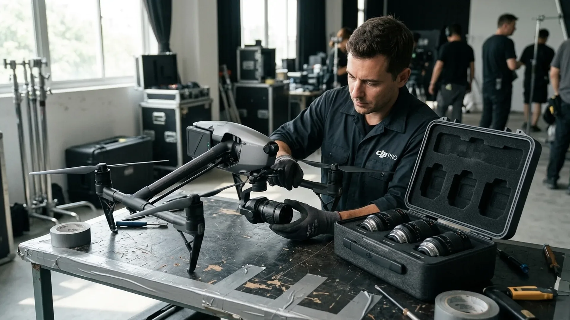 Werken met verwisselbare lenzen op cinema drones op een filmset